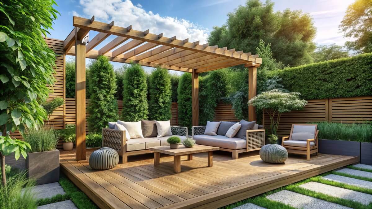 Spacious terrace with wooden pergola and garden furniture.