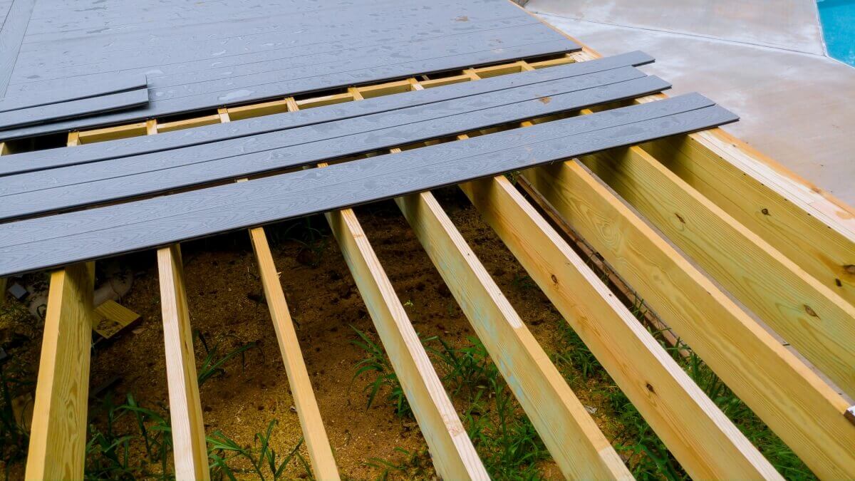 Installation of timber panels for the terrace in progress.