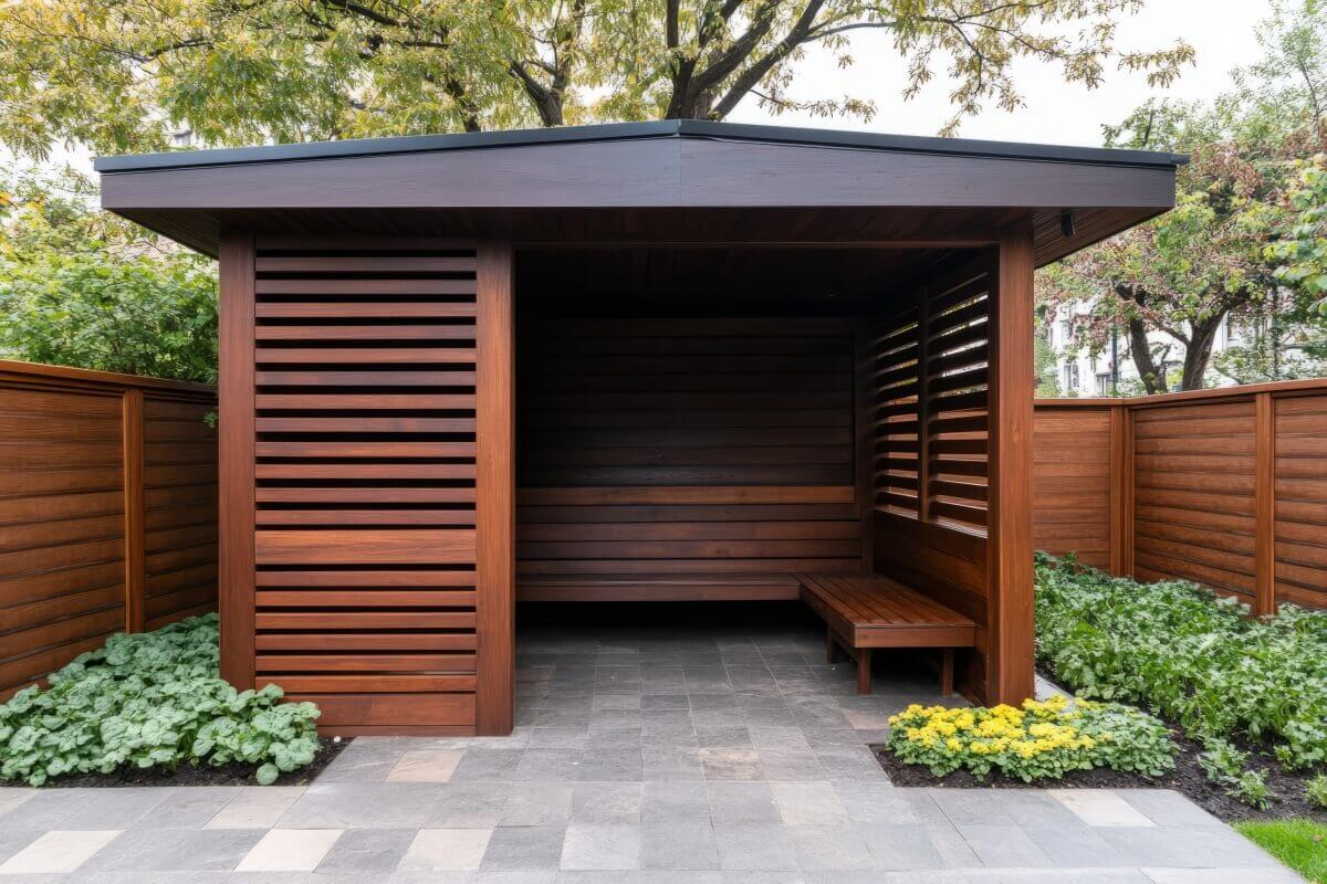 A wooden garden shed surrounded by greenery and flowers.