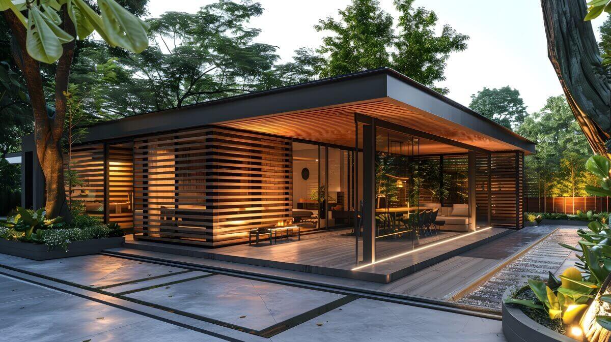 Modern house with large windows, surrounded by wooden pergolas for the terrace.