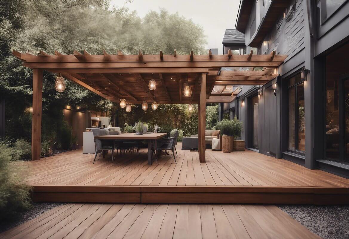 Modern terrace with wooden floor and slatted pergola.