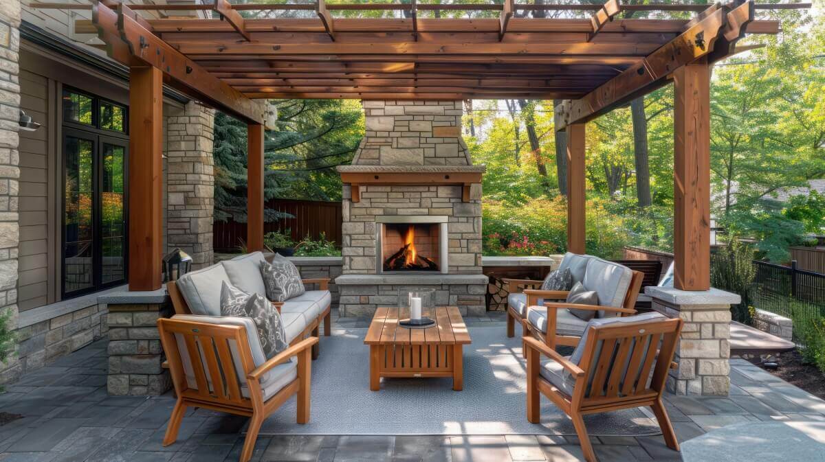 Terrace with stone fireplace and wooden terrace pergolas.