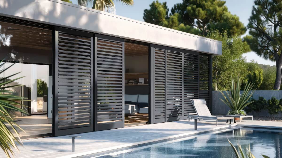 Terrace with wooden patio blinds with movable mechanism, overlooking the pool.