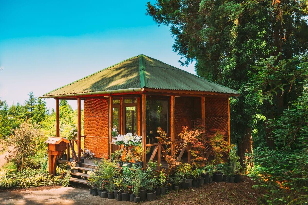 Wooden garden sheds surrounded by greenery create cosy places to relax.