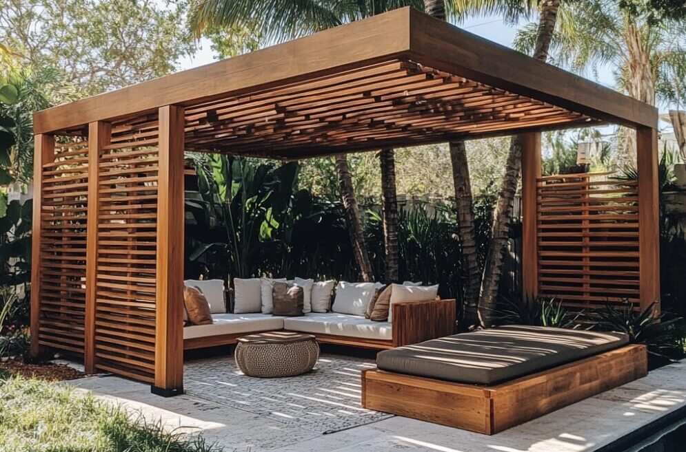 Przytulny kącik wypoczynkowy otoczony drewnianymi roletami ogrodowymi.