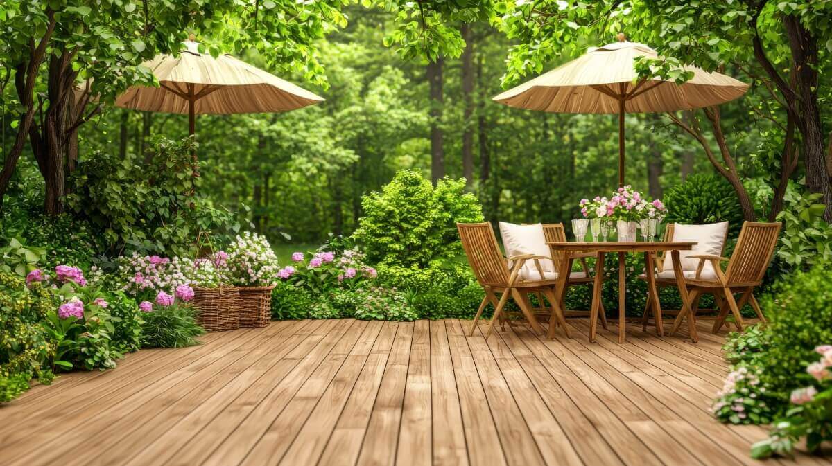 Eine Gartenterrasse mit plankenähnlichem Holzboden für die Balkonnischen, umgeben von Grün und Blumen.
