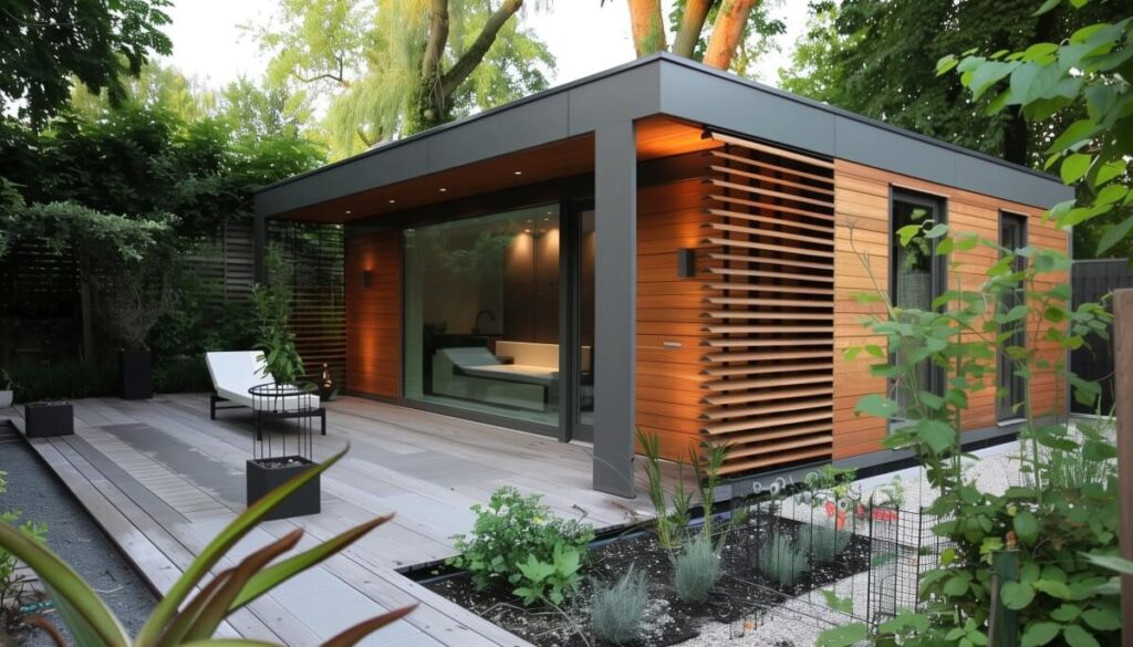 Nowoczesny domek z drewnianymi roletami tarasowymi otoczony zielenią.
