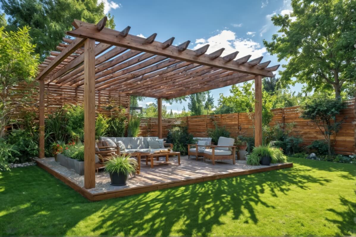 Terrasse mit eleganten Holzpergolen, umgeben von Grün.
