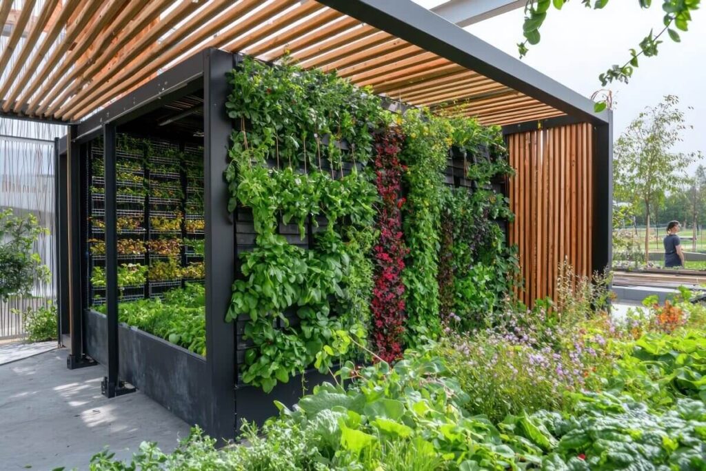 Nowoczesna pergola z zielonymi ścianami i panelami drewnianymi na taras.