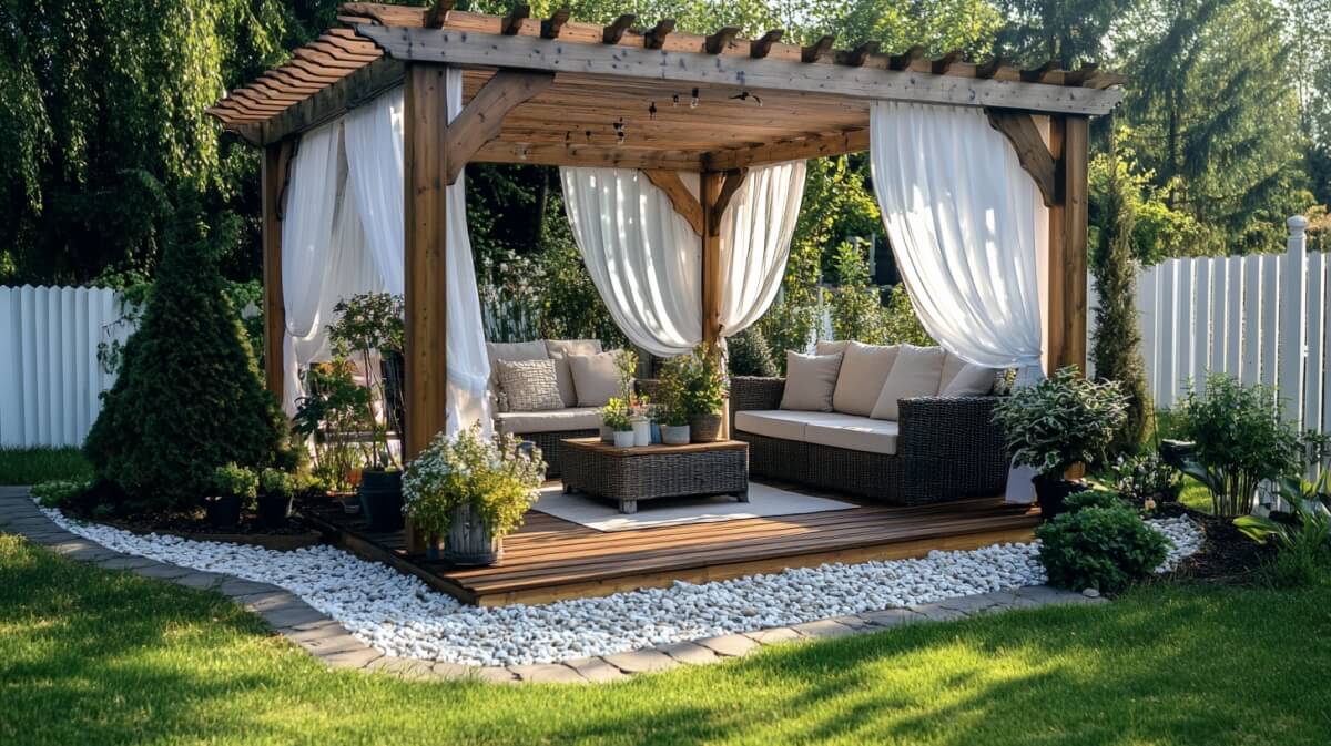 Garden with elegantly arranged wooden pergola and lounge furniture.