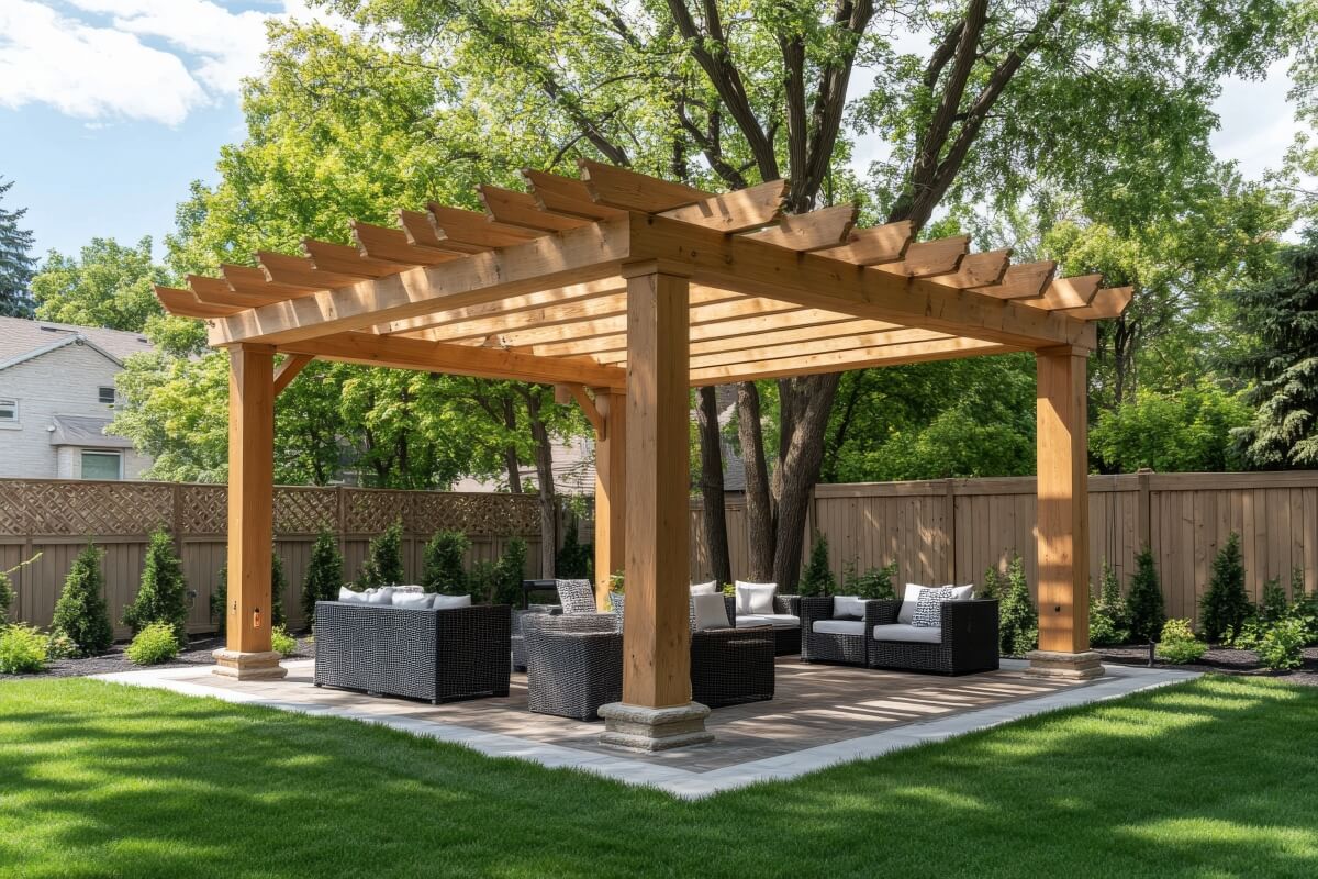 Pictured is a wooden garden shed with a lamella pergola.