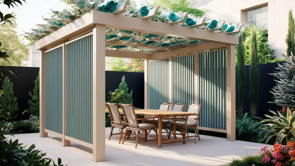 Pergola in the garden with movable pergola boards over a set of garden furniture.